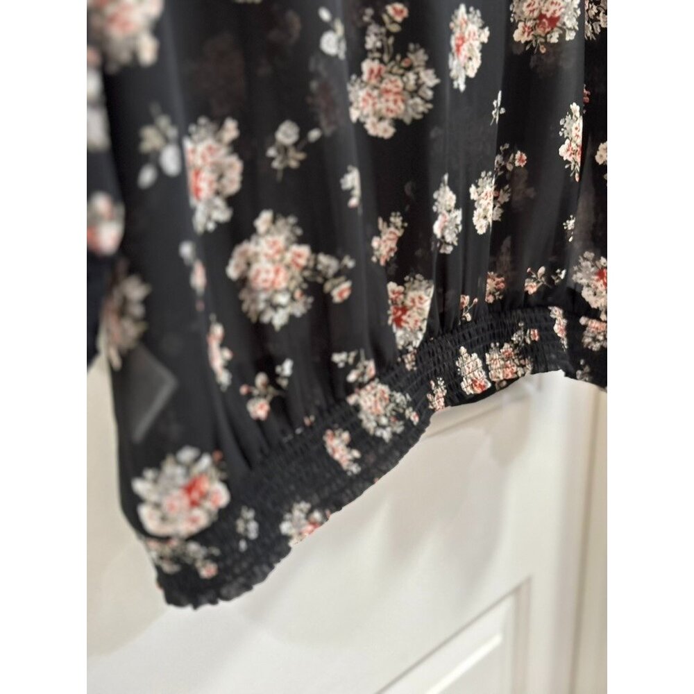 Black Rainn Semi-Sheer Black Floral Drawstring Bell Sleeve Crotched Lace Size L - Picture 8 of 13